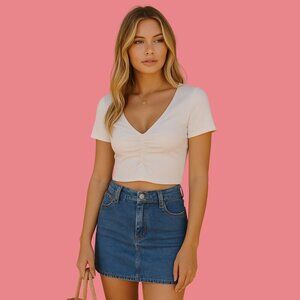 Adika White Ruched V-Neck Crop Top (Size S) – Minimalist Summer Essential